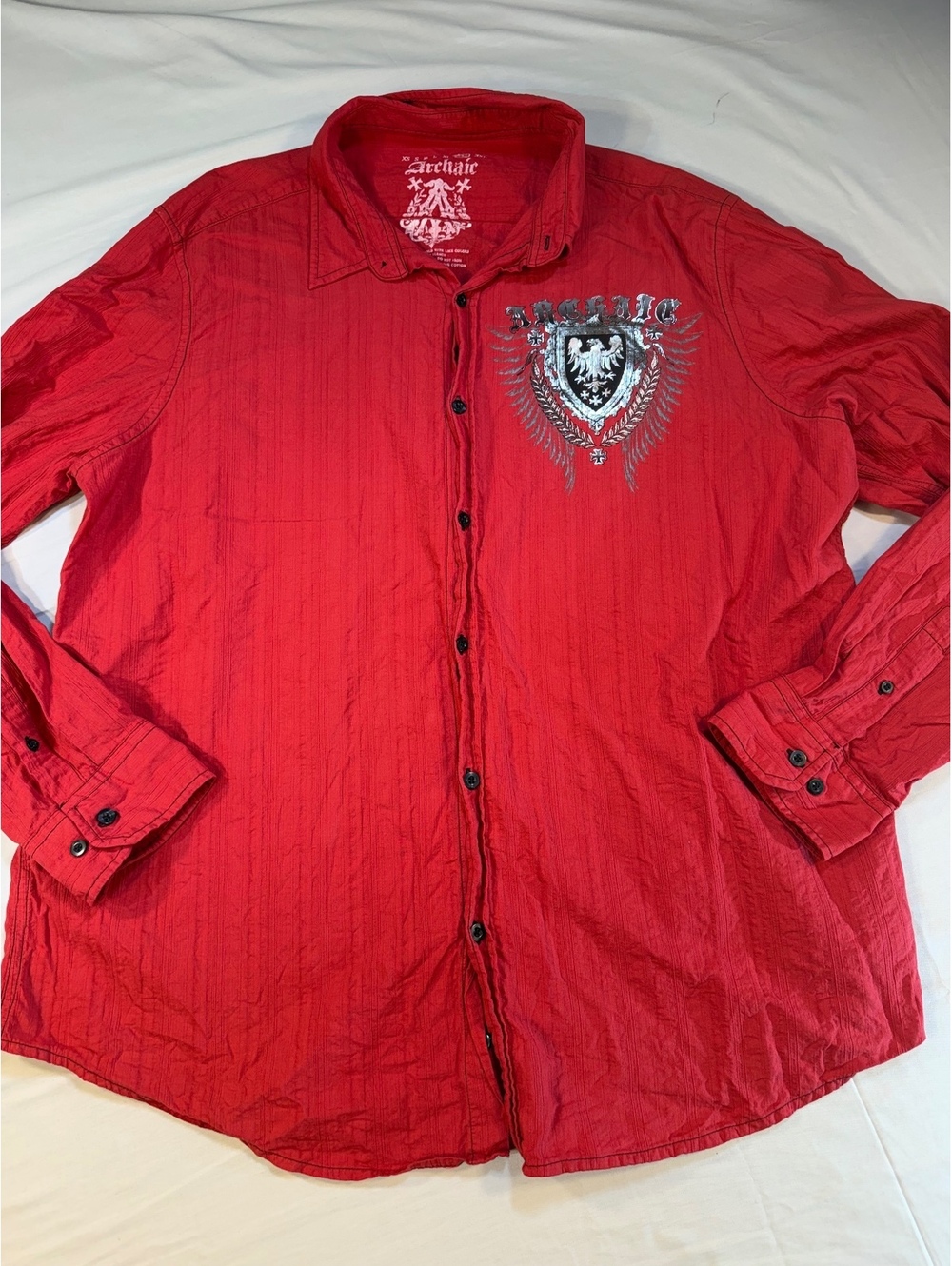 Archaic Red Button-Up Long Sleeve Shirt with Crest Design